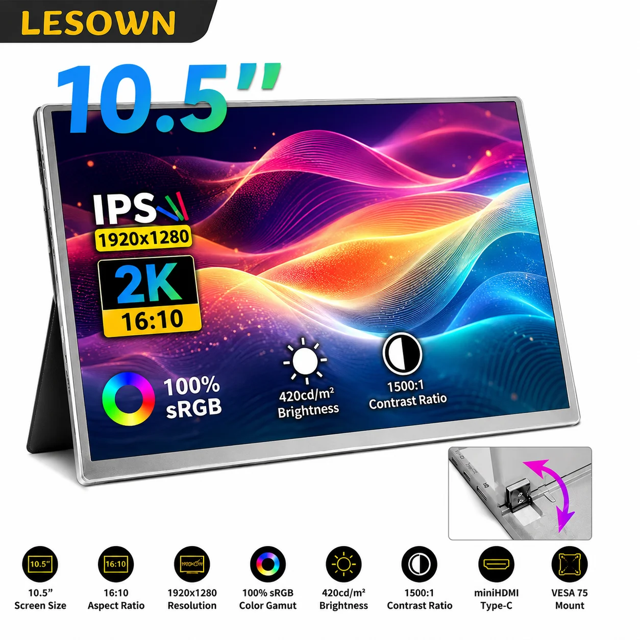 

LESOWN 10.5 Inch Laptop Screen Extender 2K Resolution Plug & Play External Display for Steam Deck