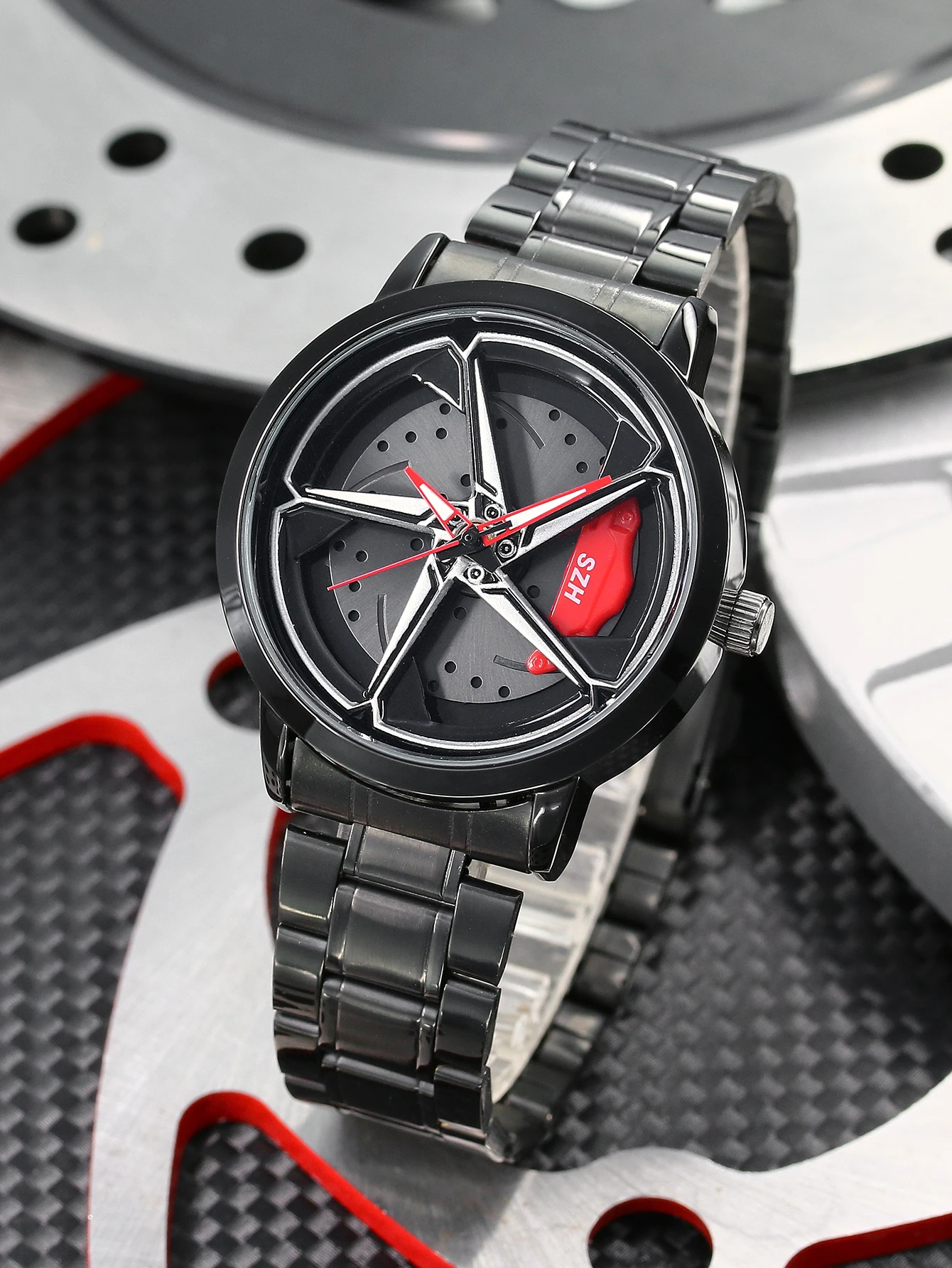 Car Rim Men Watches Stainless Steel Waterproof Sport Watch Rotating Wheel Rim Dial Quartz Wristwatch Fashion