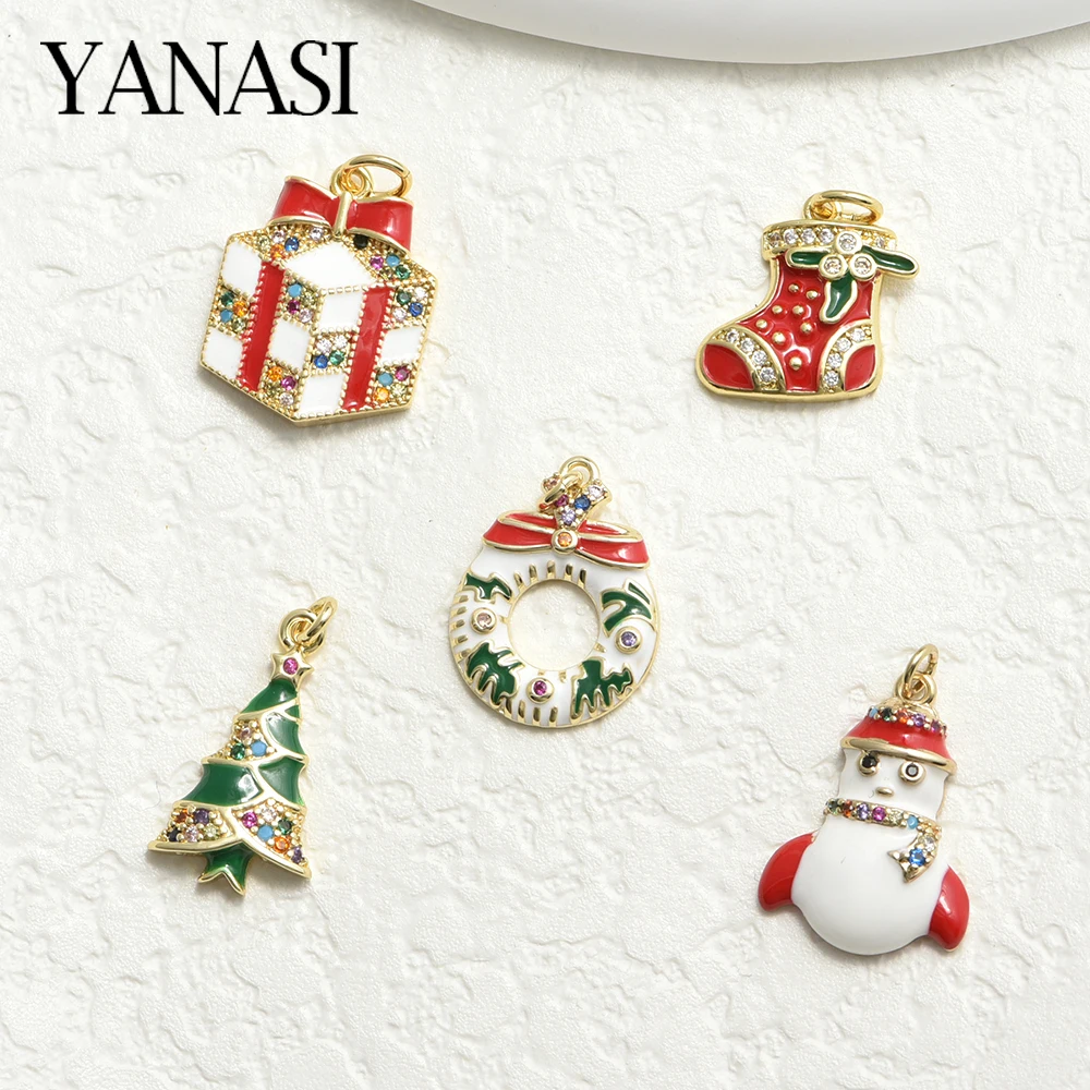 1PCS 18K Gold Plated With Colour Zircon Multi Style Christmas Mini Gift Pendants Charms For Jewelry Making DIY Bracelet Earring