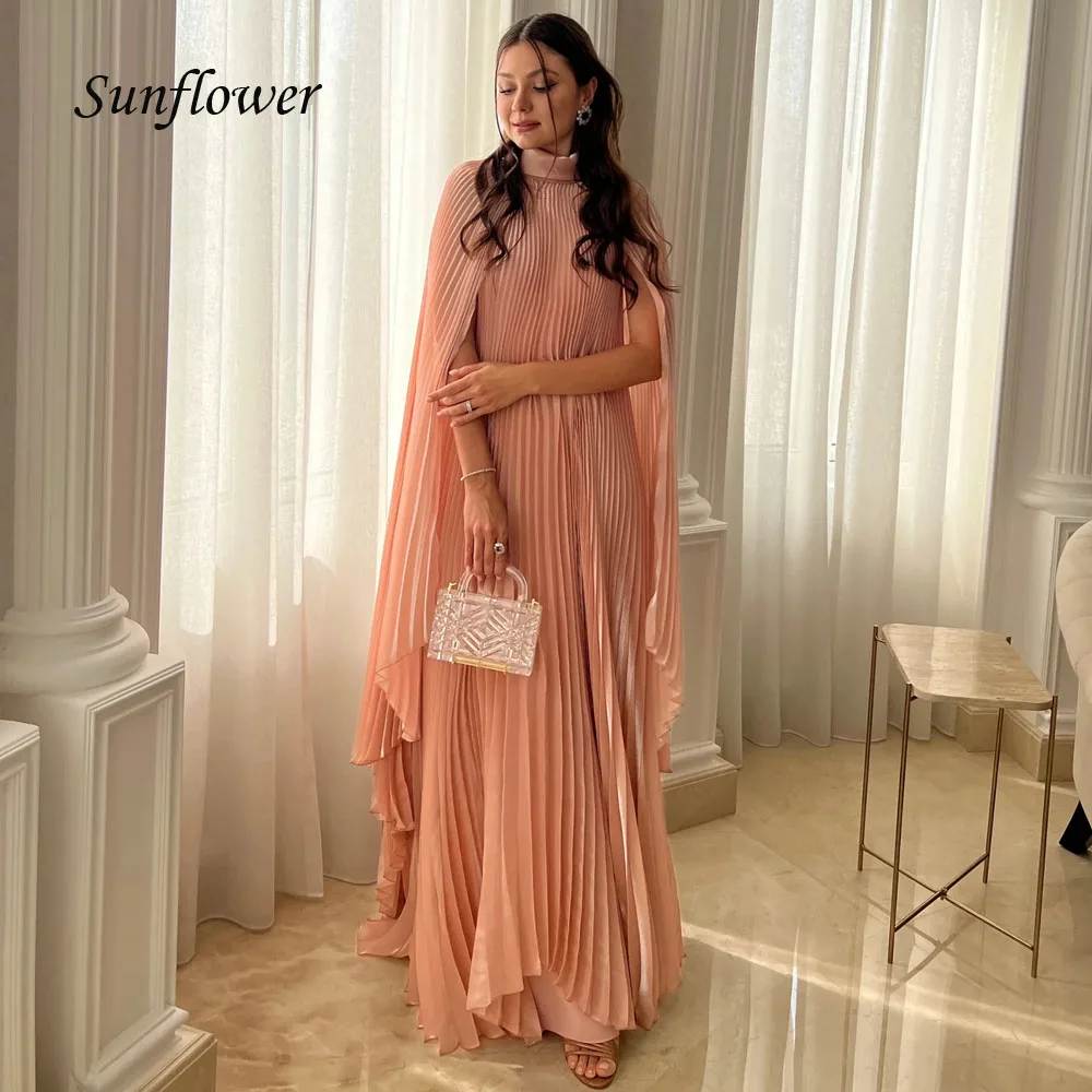 

Sunflower Simple High Neck Organza Straight Prom Gowns 2024High Quality Slim Pleat Long Sleeve Floor-Length Formal Evening Dress