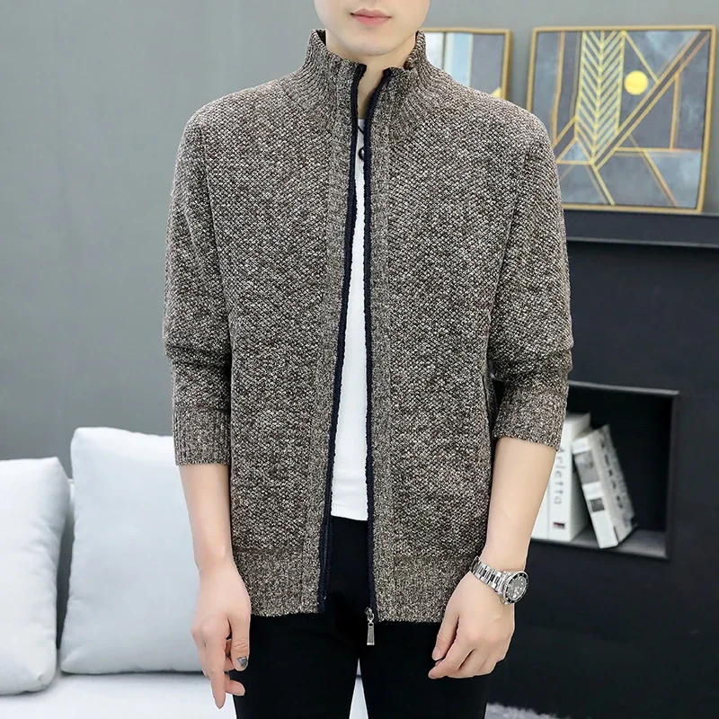 

New Men's Casual High Collar Long Sleeve Knitted Top with Velvet Warmth for Autumn and Winter Fashion Multi Functional Jacket