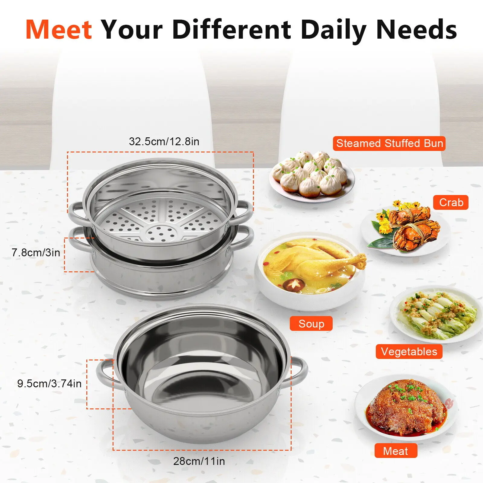 

3 Tier Steam Cooker Steamer Set Stainless Steel Pan Cook Pots with Glass Lid