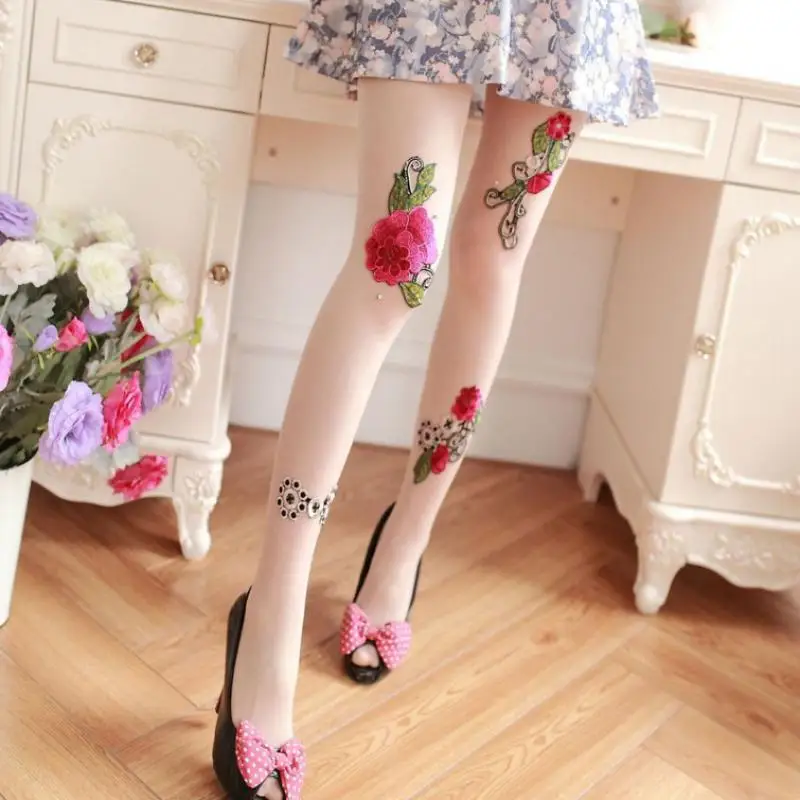 Women Large Embroidery Flower Silk Lace Pearl Cut Arbitrary Pantyhose Korean Hand made Bead Stockings Leggings Big Crystal