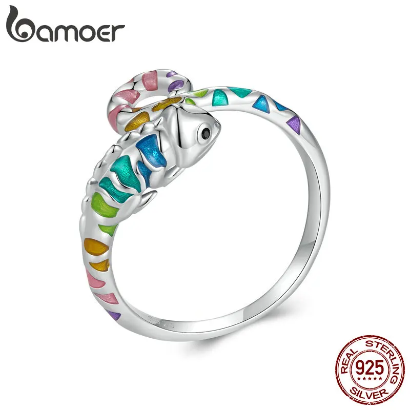 Bamoer 925 Sterling Silver Colorful Chameleon Opening Ring Enamel Process Animal Adjustable Ring for Women Fine Jewelry