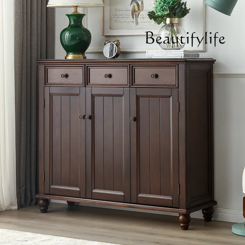 

X40 American Rural Solid Wood Three-door Shoe Cabinet Retro Porch Entrance Entrance Locker Black Walnut