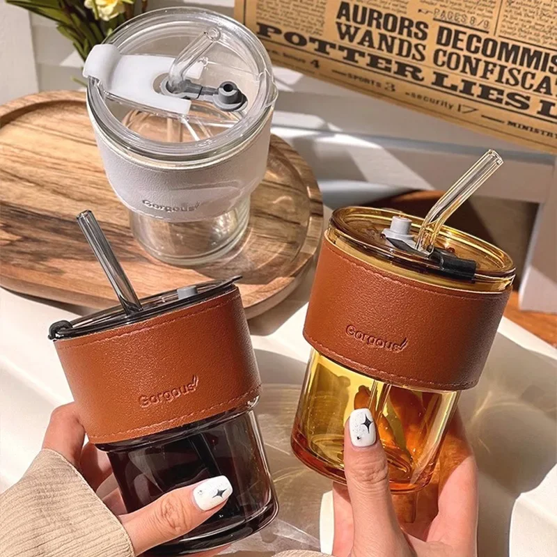Glass Sipper Cups Reusable Spill-Proof Drinking Cups with Lid Straw for Birthday Party Travel Xmas Juice Mug Water Bottle Cups