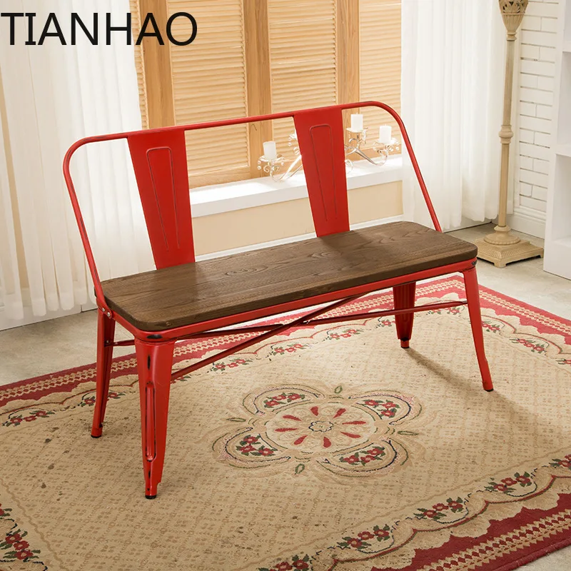 Minimalist Iron Bench for Balcony American Industrial Style Metal and Elm Wood Two Seater Sofa Bench