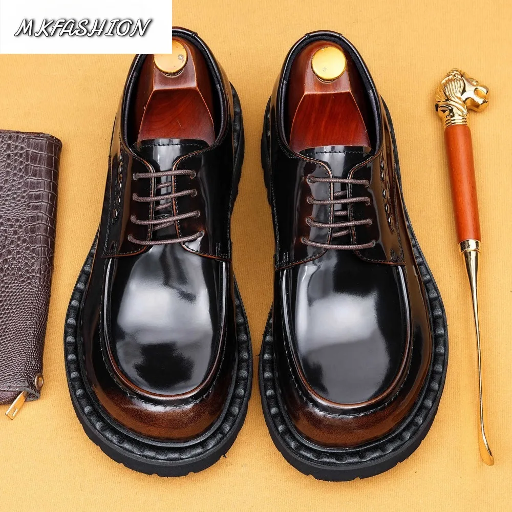 Men's Genuine Leather Thick soled Big Round Toe Lace Up Flats Business Formal Shoes Male Footwear