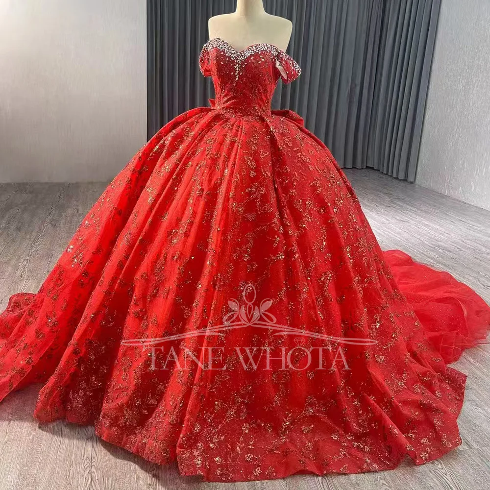 Красное настраиваемое вечернее платье с открытыми плечами, на шнуровке сзади, украшенное бисером и кристаллами, с блестками и бантом, Vestido De Noche