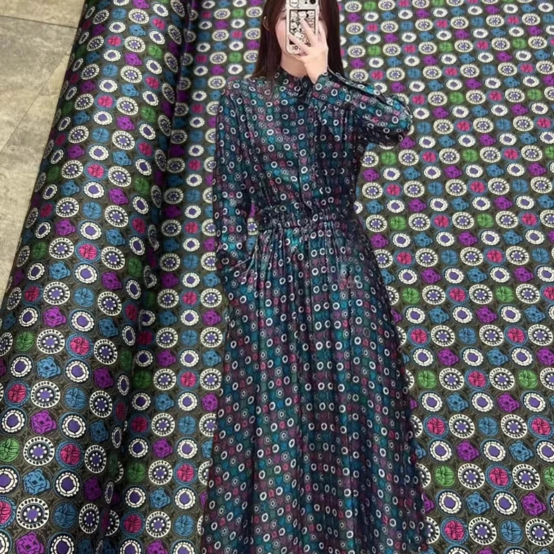 21 Mmi Twill Elastic Silk Mulberry Fabric European Popular Contrasting Color Circle Printing Temperament Dress Top Pants Fabric