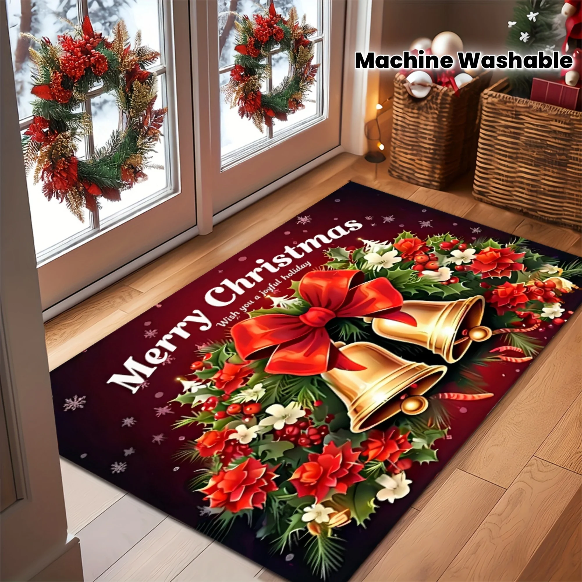 VIKAMA Christmas Doormat Non‑Slip Front Entrance Rug Washable Indoor Outdoor Xmas Bow Bell Poinsettia Winter Door Decor Mat