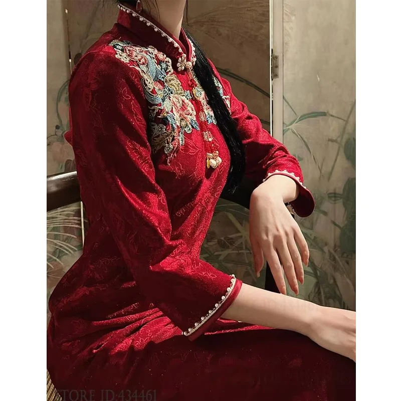 

Платье для свадебной вечеринки невесты, традиционное китайское платье Cheongsam с вышивкой, бордовое жаккардовое платье Cheongsam из бисера, сексуальное платье макси Vestidos