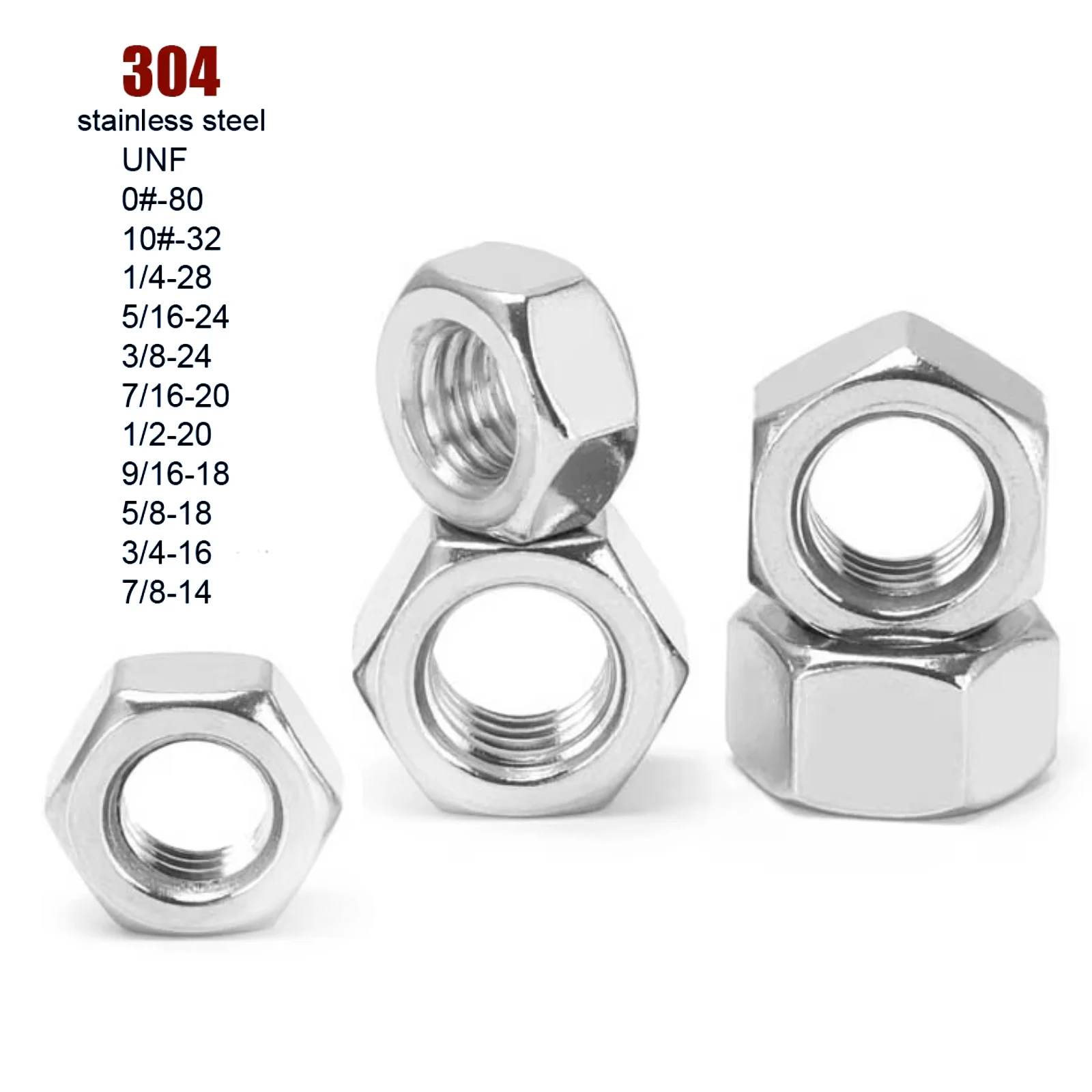 1/25 Stück UNF0 # -80 10 # -32 1/4 5/16 3/8 7/16 1/2 5/8 3/4 7/8 304 Edelstahl UK US Standard Feingewinde Sechskantmutter Sechskantmuttern