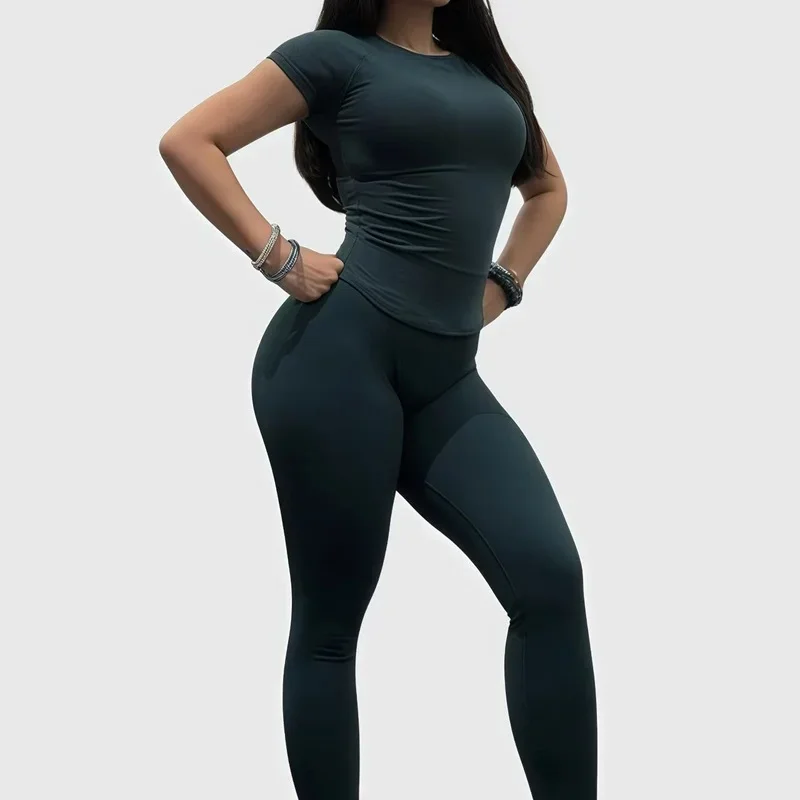 2-teiliges HISTELLO Fitness-Set für Damen Hochelastisches Nahtloses Kurzarm-Oberteil Low-Waist-Leggings Bauchkontrolle Po-Lifting Yoga-Gym-Set – Detail 11