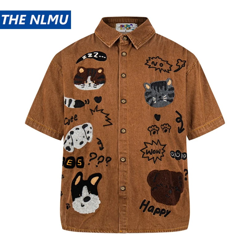 

Рубашка с вышивкой кошек и собак, с коротким рукавом, летняя, на пуговицах, унисекс, винтажная, уличная мода, 2026