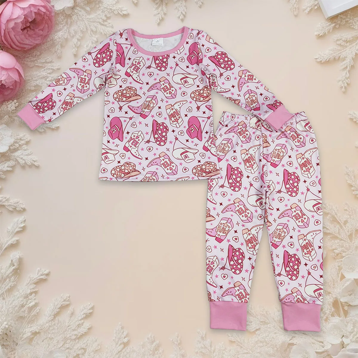 

Toddler Baby Girl Pajamas Long Sleeve Pink Howdy Boots Hats Tunic Cotton Pants Children Kids Clothes Set Infant Outfit Wholesale