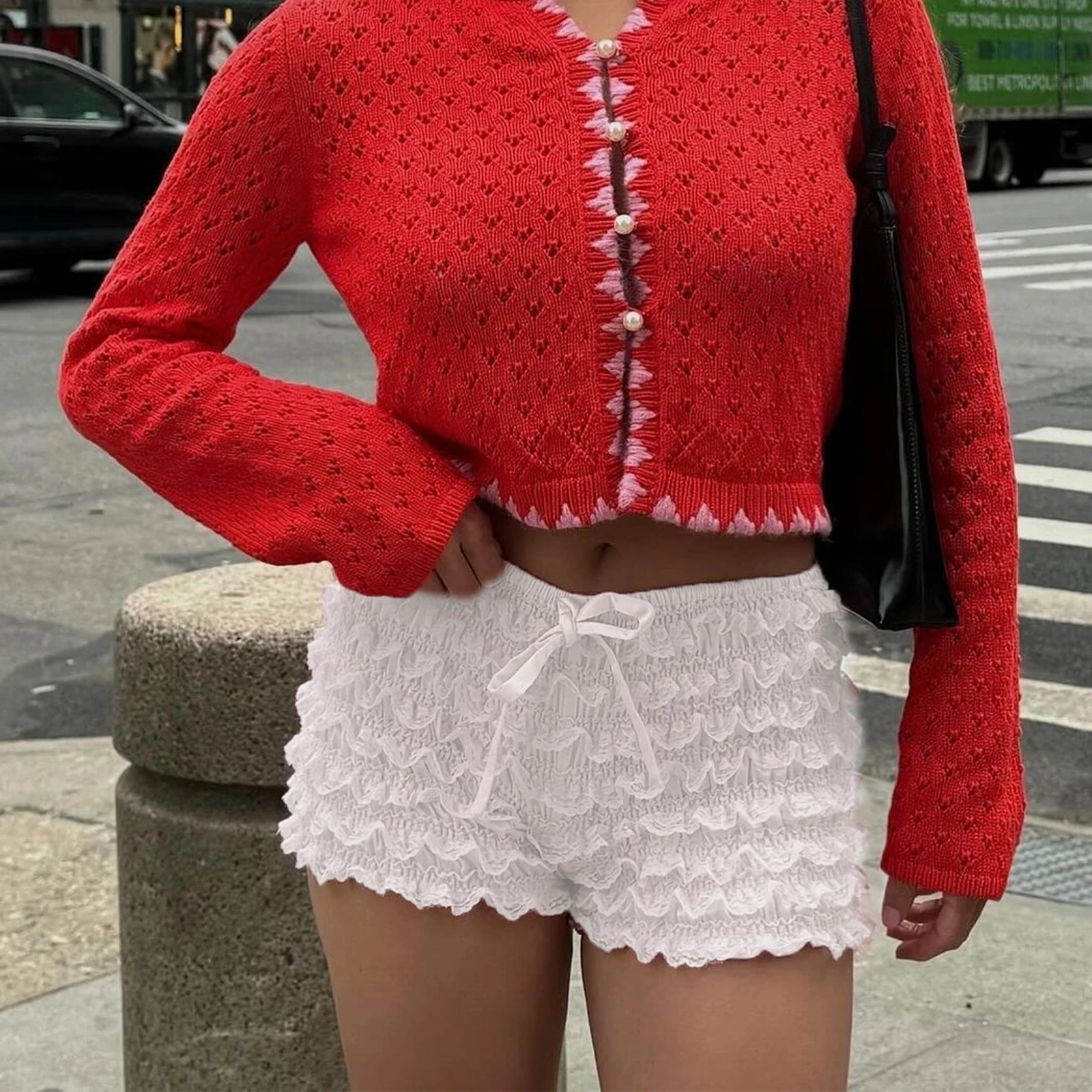 Women Mini Shorts Layered Lace Frill Trim Elastic Waist Tie-Up Bow Bloomer Shorts for Summer Streetwear