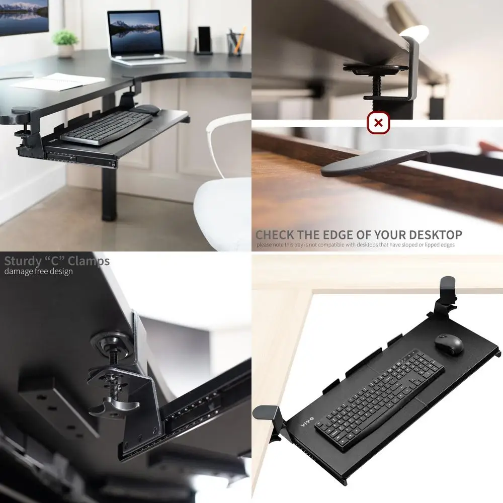 

Регулируемая выдвижная подставка для клавиатуры 27 дюймов с поворотными на 90 градусов зажимами, черная, для крепления на стол, выдвижная платформа 11 дюймов