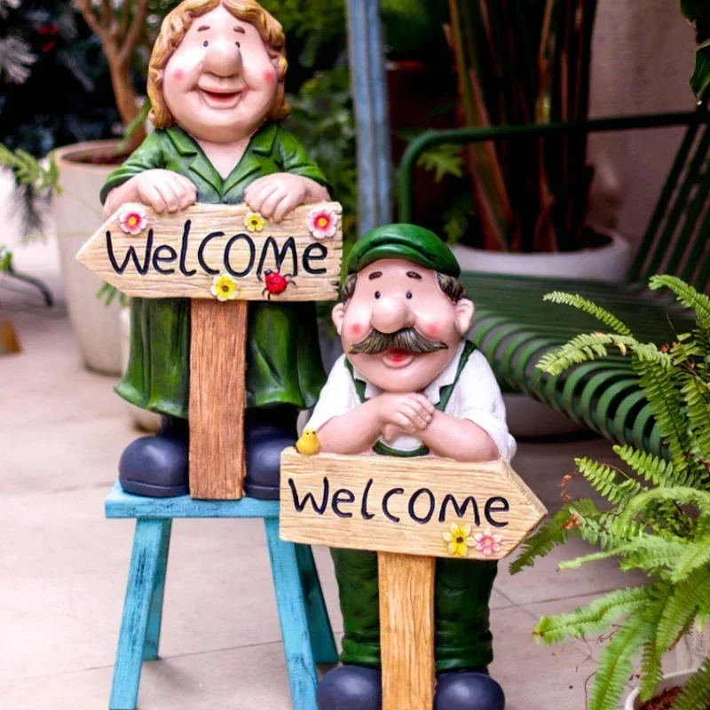 

Grandpa and Grandma Welcome Sign Farm Gardener Character Figurines Garden Decor Ornaments Kindergarten Park Sculpture Crafts