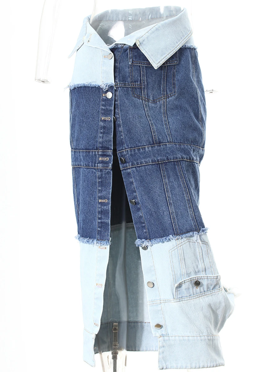 CHICEVER Spring Streetwear Patchwork Denim Skirts for Women High Waist Spliced Button Fashion Desinger Long Skirt Female Clothes