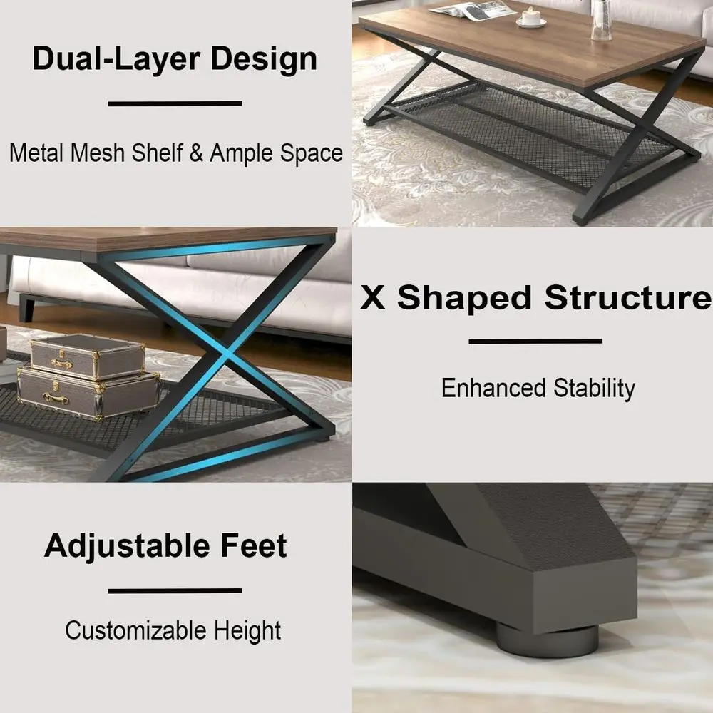 Rustic Oak 47 Farmhouse 2-Tier Metal & Wood Coffee Table with Storage for Living Room and Office