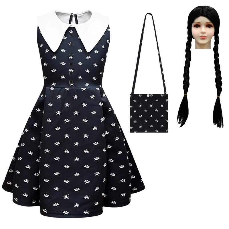 Fashion Kids Movie Wednesday Addams Cosplay Princess Dress and Wig Bag Set Girl Halloween Costume Carnival Gothic Black Clothes