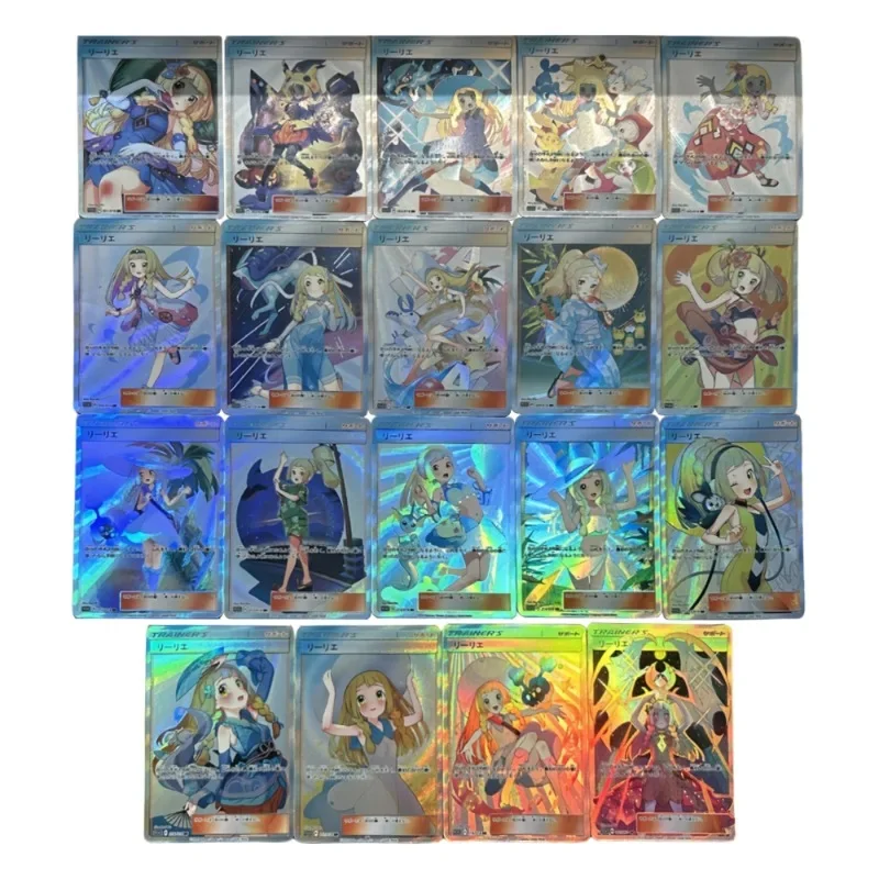 

19pcs/set Pokemon Lillie Cross-dressing Animation Characters DIY Refraction Flash Card Anime Classics Game Collection Cards Toy