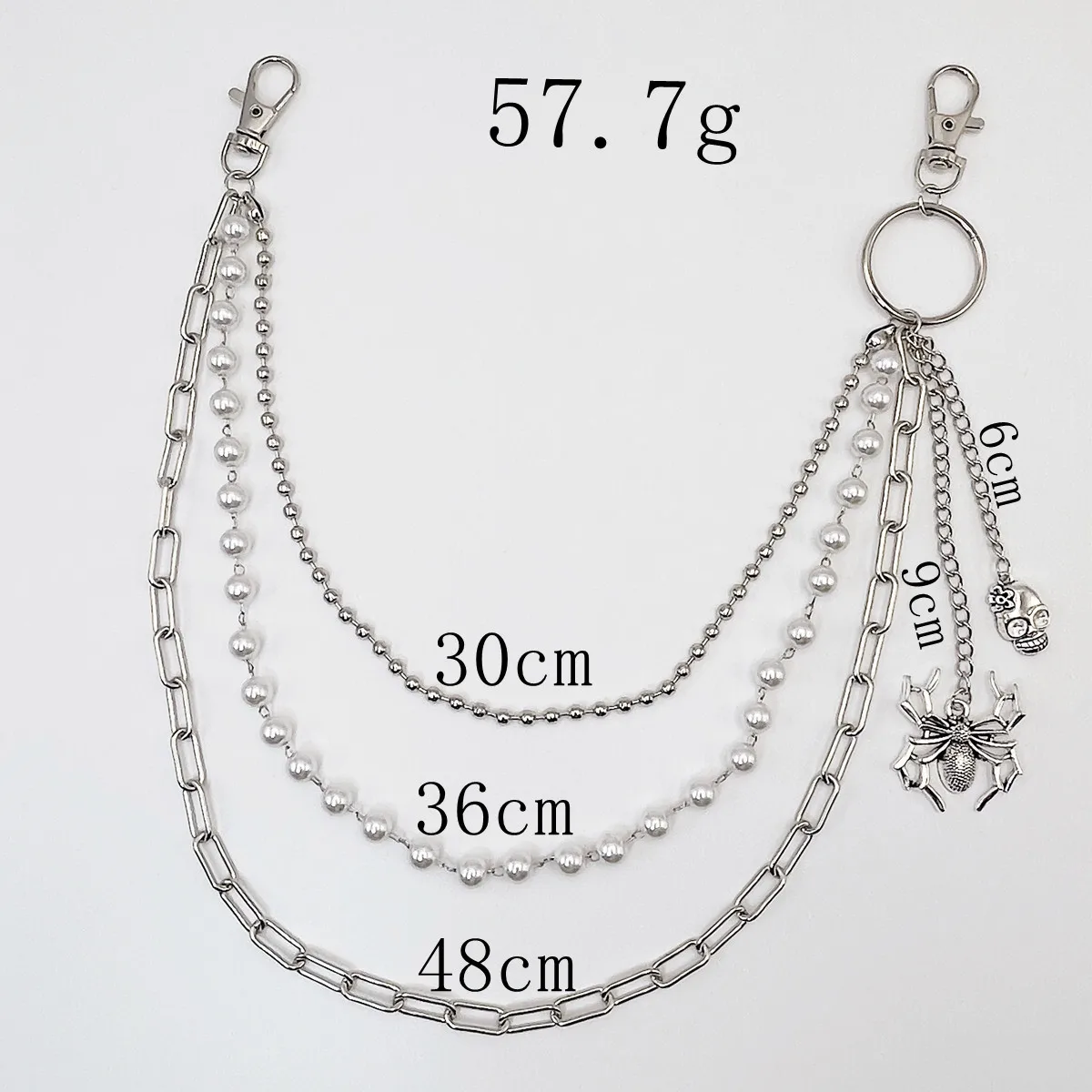 Metal White Pearl Punk Pants Chain Keychains for Men Women Jean Trouser Biker Chains Spider Pendants Jewelry Gothic Accessories