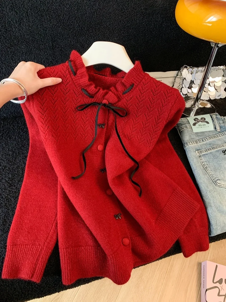 

Red Knitted Sweater with Bowtie Wooden for Women Soft Cozy Overhead Autumn Winter Open Cardigan Sweet Sle Top