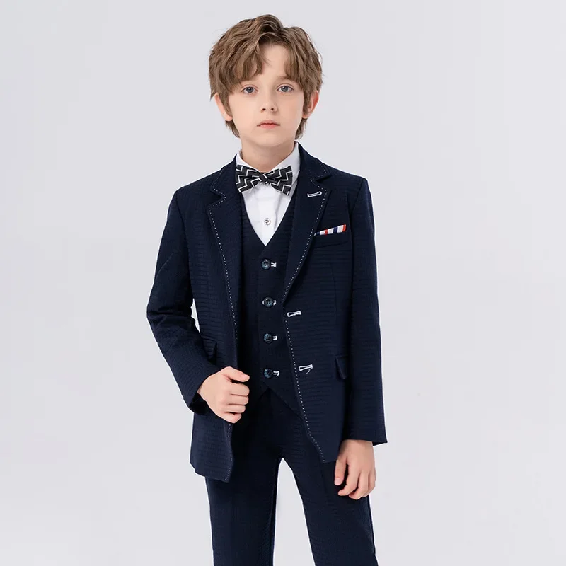 Boys Slim Fit Suits Formal Wear Children Teenagers Groomsman Performance Host Clothes Kids Plaid Blue Black Party Full Dress