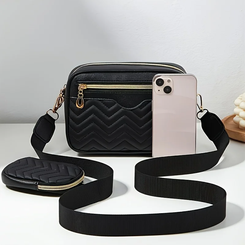 Lässige, minimalistische, quadratische Schultertasche, mit Mini-Hängegeldbörse, Umhängetasche mit gestepptem Muster für Damen, zweiteiliges Set – Detail 4