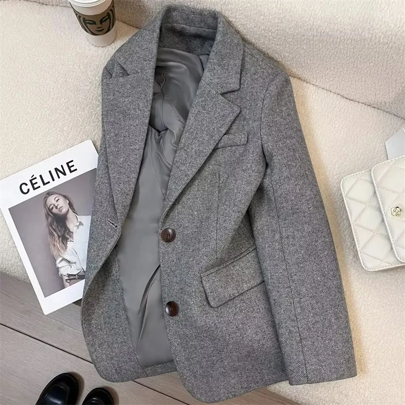 

Vintage Women's Blend Wool Jackets 2023 Spring New Gentle Waist Silm One-Button Suit Jacket Trendy Autumn Women Blazer Camel