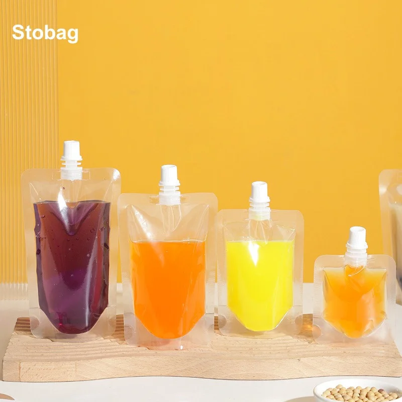 StoBag 100pcs Wholesale Transparent Liquid Packaging Drinking Nozzle Bags Clear Juice Beverage Sealed Storage Reusable Pouch