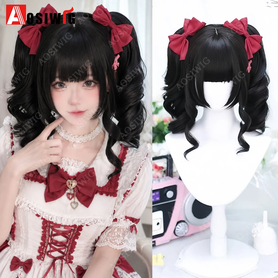 Lolita Black Twin Tail Wig with Bangs Sweet Harajuku Style Long Curly Ponytail Hairpiece for Girls Cosplay Costume Party