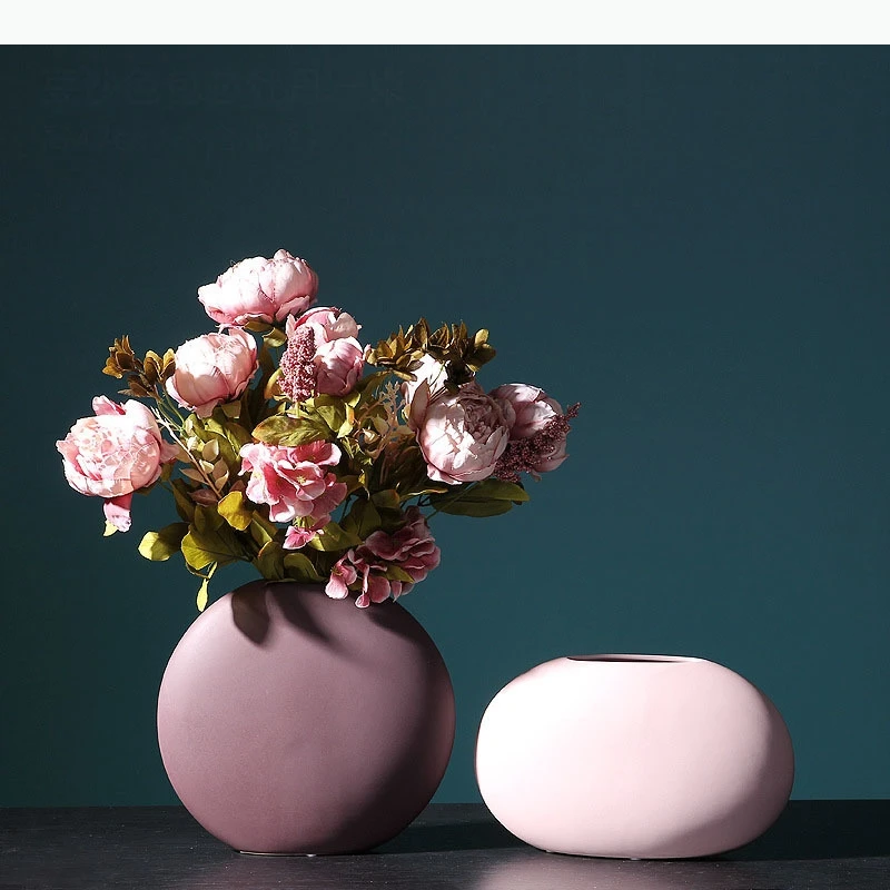 Jarrón de Cerámica Plano Minimalista, Macetas Redondas Creativas, Decoración de Mesa, Arreglos Florales, Jarrones Florales, Decoración Estética para Habitaciones