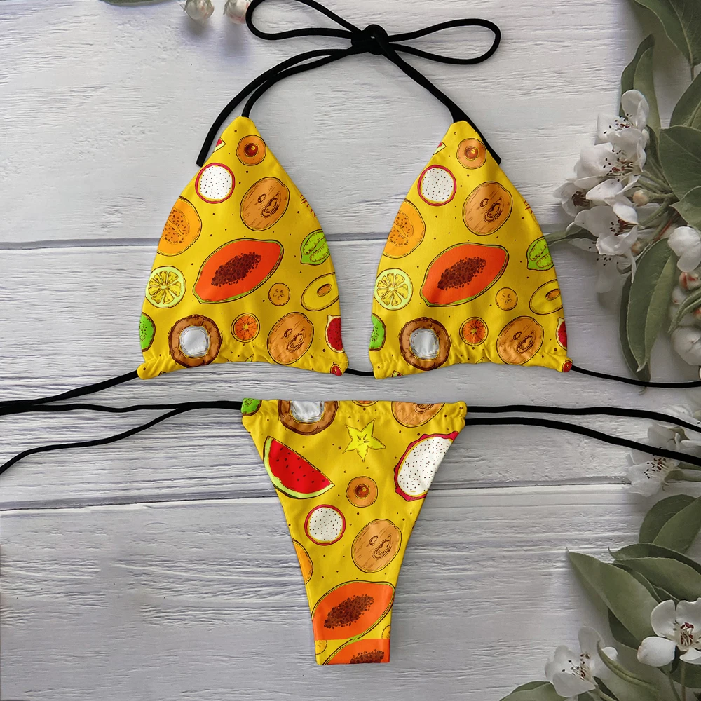 New donut cartoon fruit pattern swimsuit ladies fashion 3D printing bikini set summer beach vacation novelty lace-up bikini