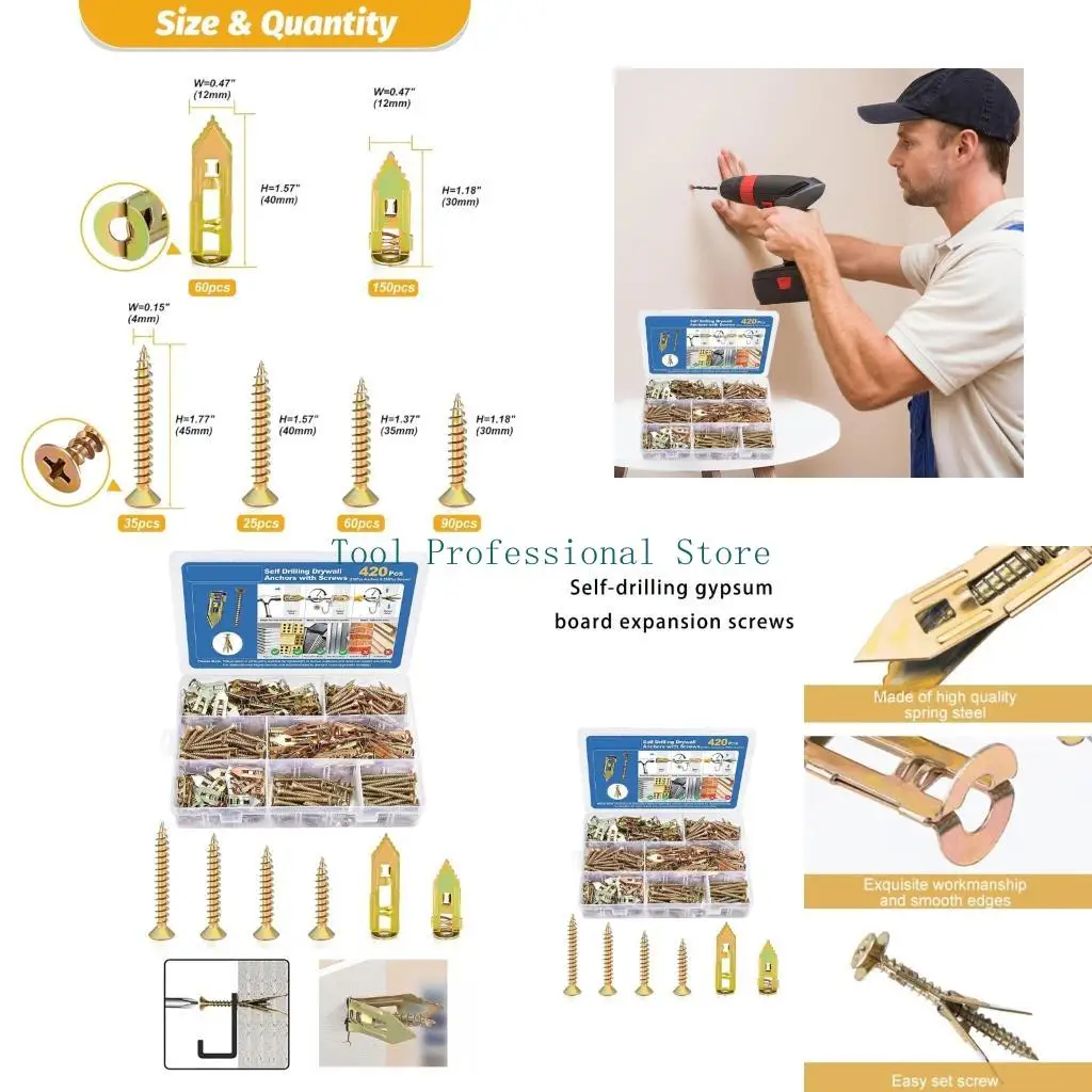 57QF 420Pcs Drilling Gypsum Board Screw Set Carbon Steel Drywall Anchors and Screws for Wall Decoration, Shelves
