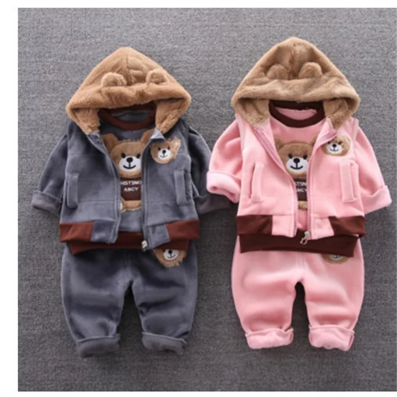 Boys Padded Velvet Sets Girls Warm Hooded Zip Three-Piece Autumn Winter New Children Bear Cute Casual Suit 12M-4 Years Old