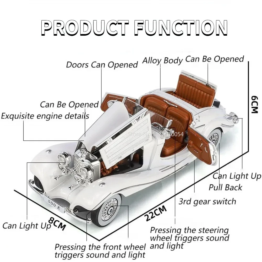 Scale 1/24 500K Vintage Die-casting Alloy Car Model Toys Sport Car with Pull Back Sound Light Door Opened Vehicles for Boy Gifts