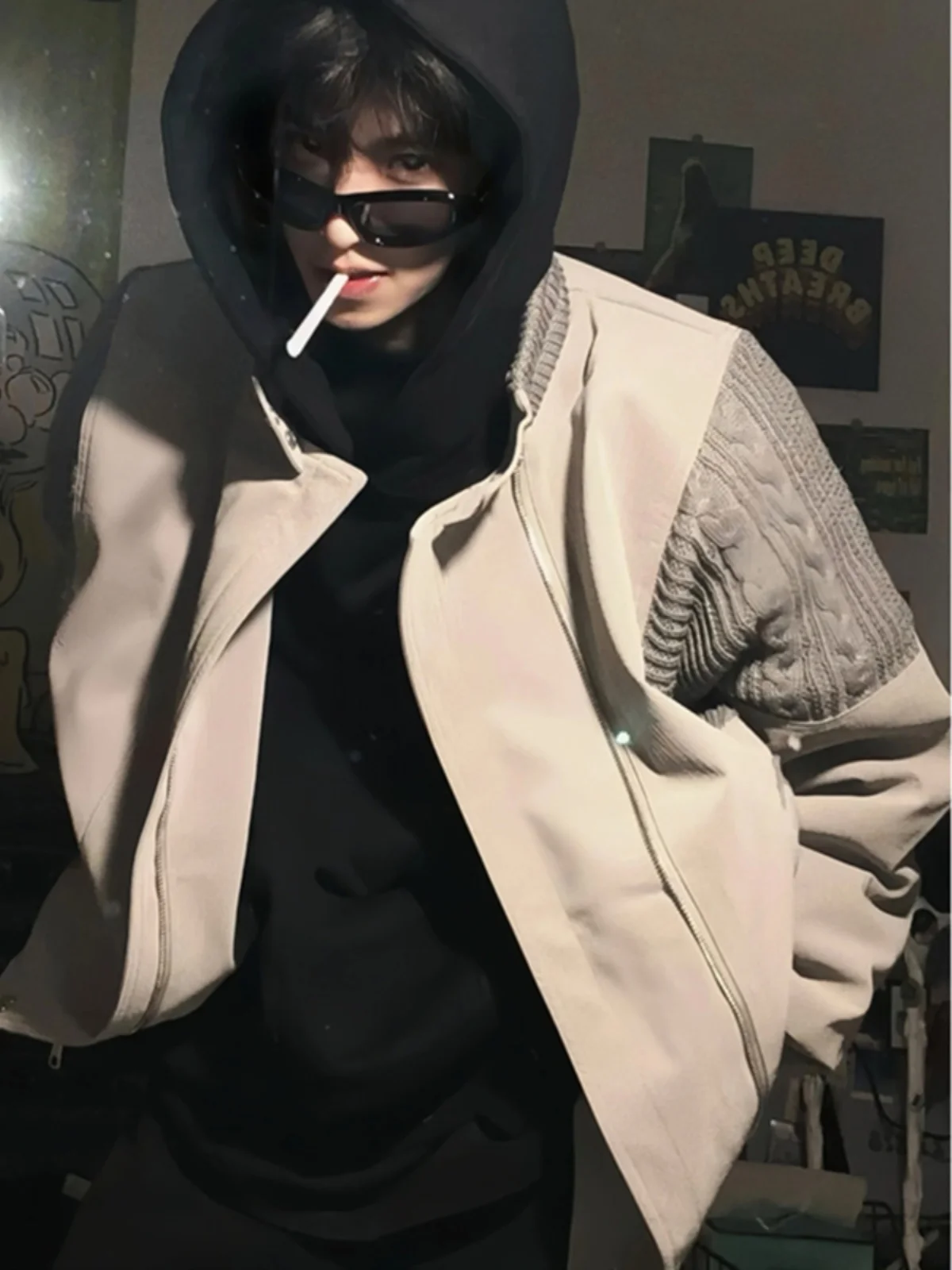 

Gray Shoulder Pad Pilot Jacket Men's Spring Autumn Knitted Splicing Short Baseball Style Outerwear Youth Trendy Polyester Fiber