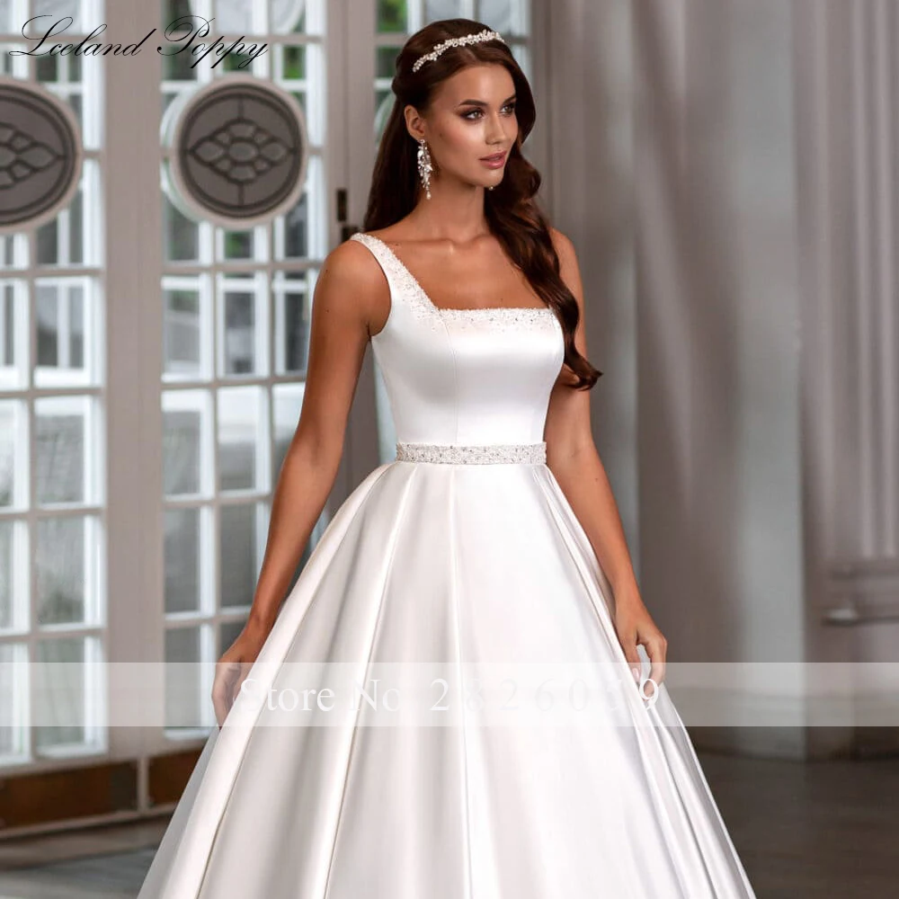 Lceland papoula personalizado uma linha pescoço quadrado vestidos de casamento de cetim sem mangas princesa pérolas frisado vestidos de noiva com cinto