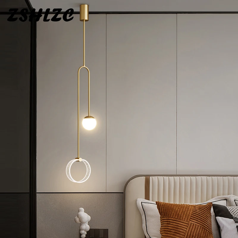 

New LED All Copper Small Pendant Lights Modern Acrylic Bedroom Bedside Lamp For Living Room Hall Study Loft Bar Chandelier 220V