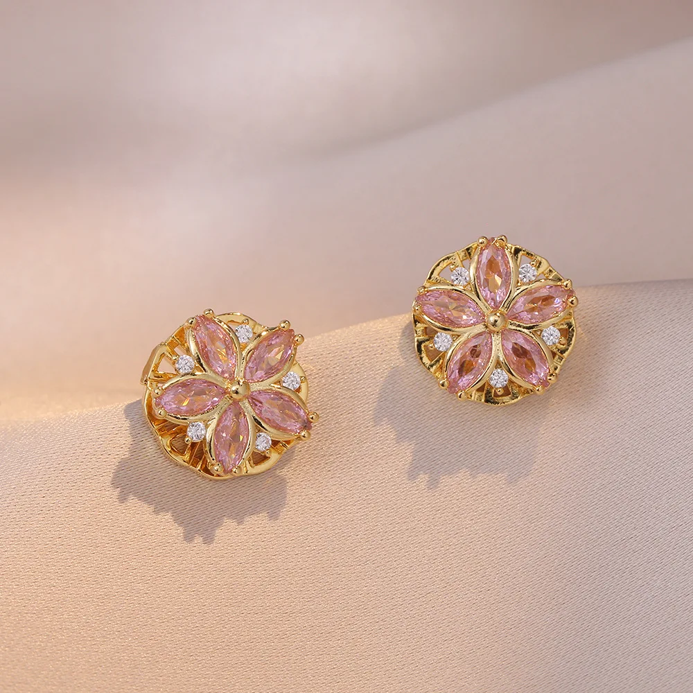 Pink Zircon Flower Ring & Stud Earrings Necklace Bracelet Set