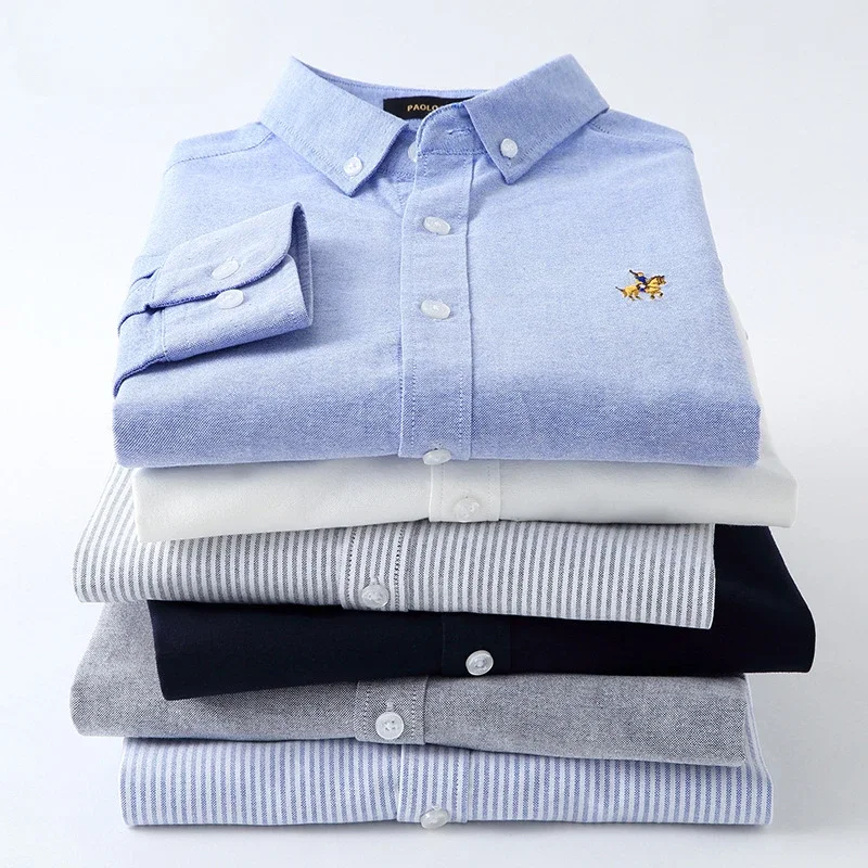 LIBIELIY Cotton Oxford Spun Shirt, Plus Size Casual Embroidered Horse Logo Men's Top, Versatile Shirt, Men's Long Sleeved Shirt
