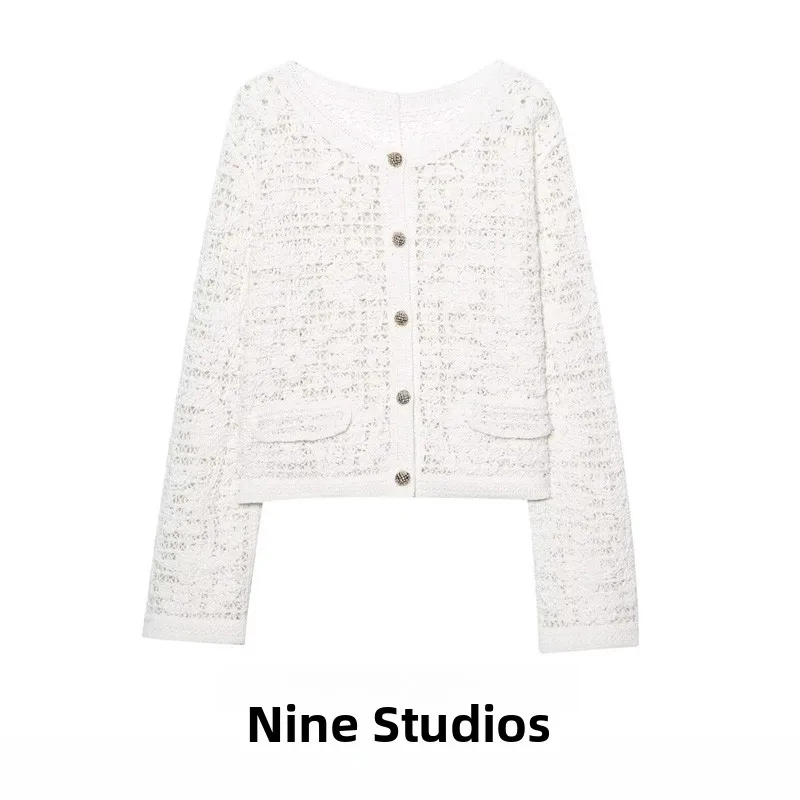 

NINE ZA Women's Knitted ort Cardigan Casual Hook Weave with Button Decoration Long Sve round Ne Spring Faion Outerwear