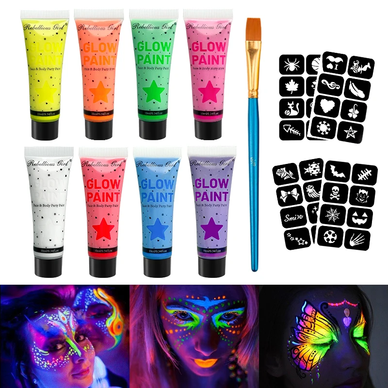 6pcs Set of 4pcs 10ml UV Glow Face & Body Paint,4 Stencil Stickers with Brush,Vibrant Glow Under Light Fluorescent Face Painting