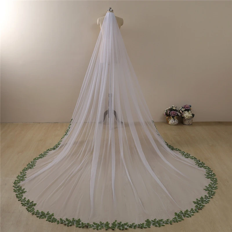 Green Leaves Wedding Bridal Veils With Comb Accessories Cathedral For Brides Floral Embroidered Long Uniques