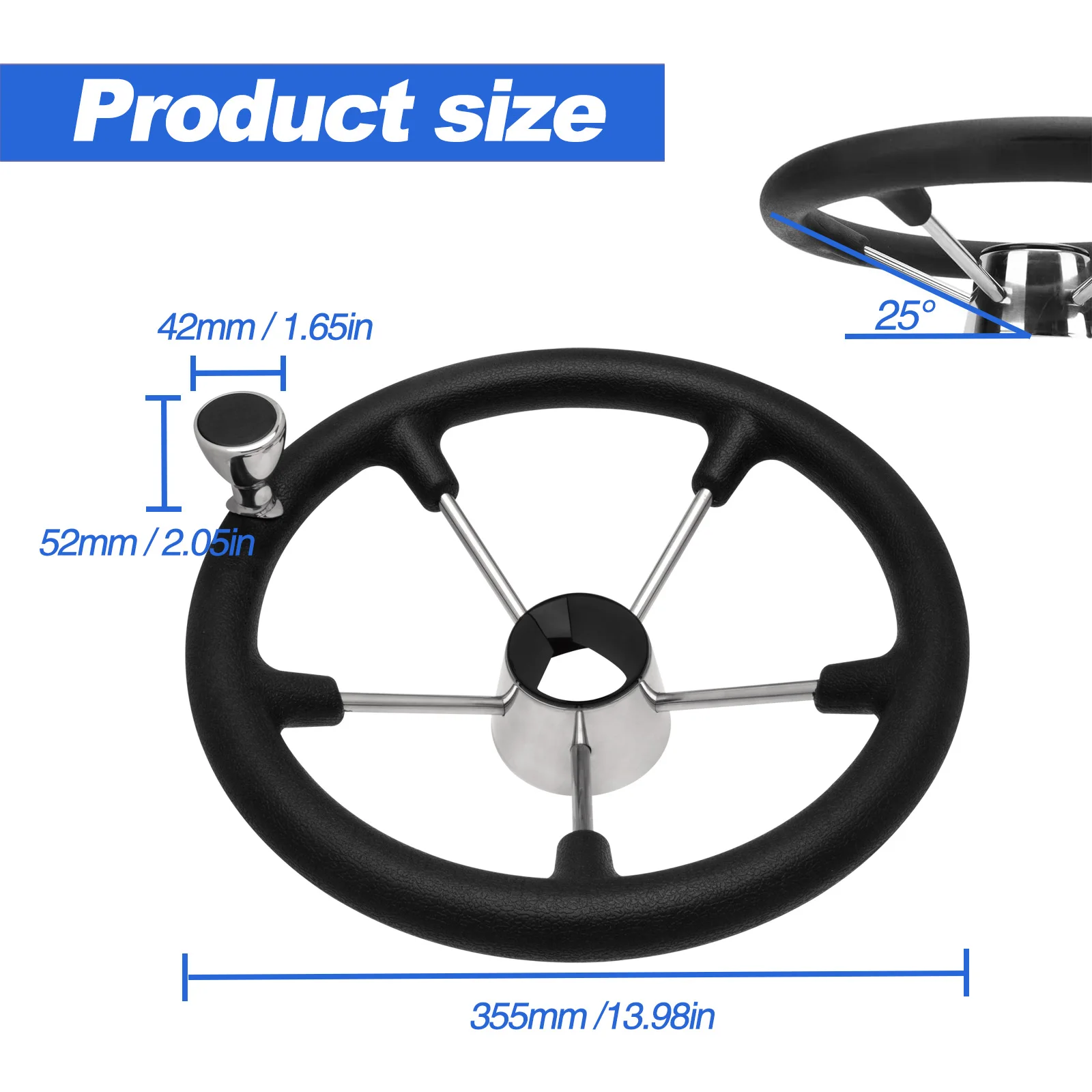 Volante de barco de acero inoxidable de 13,5 pulgadas y 5 radios con perilla - Rueda de control duradera para pontón de yate marino