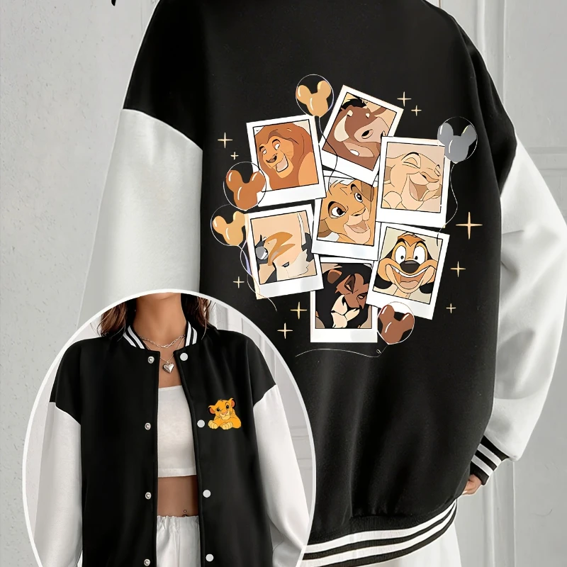 

Двусторонняя женская куртка с принтом Короля Льва Диснея Y2k, осень/зима, новая винтажная повседневная модная уличная одежда унисекс