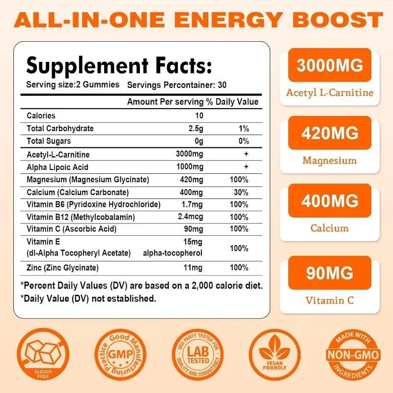 Acetyl L-Carnitine Gummies for Energy & Brain Function Support – Vegan, Non-GMO, Orange Flavor, 60gummies